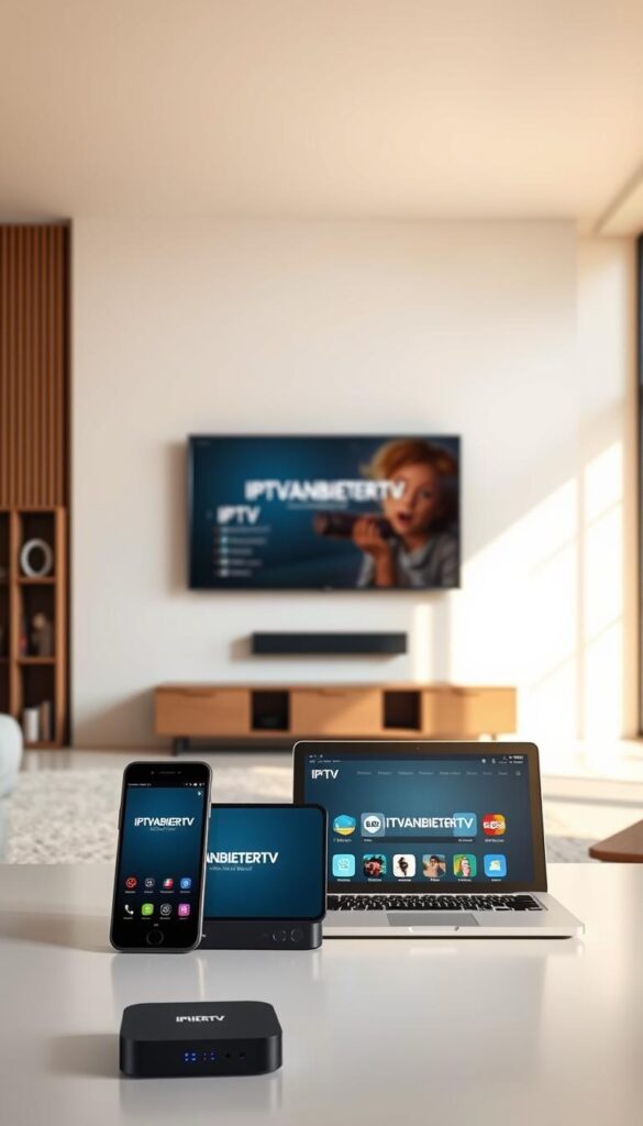 A modern, minimalist living room with a large flat-screen TV mounted on the wall. In the foreground, an array of different devices - a smartphone, a tablet, a laptop, and a streaming box - all displaying the IPTVANBIETERTV interface, showcasing the flexibility and device compatibility of the IPTV service. The room is bathed in warm, natural lighting from large windows, creating a cozy and inviting atmosphere. The devices are arranged in a way that suggests effortless multi-platform access to the IPTV content. The overall scene conveys a sense of technological integration and seamless entertainment experience across various devices.