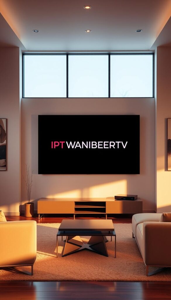 A modern, minimalist living room with a large, flat-screen television displaying the IPTVANBIETERTV logo. Warm, natural lighting filters through the windows, creating a cozy and inviting atmosphere. The room is sparsely furnished, with a comfortable sofa and a sleek, modern coffee table. The walls are adorned with abstract artwork, adding a touch of sophistication. The overall scene conveys a sense of simplicity, quality, and the enjoyment of IPTV services.