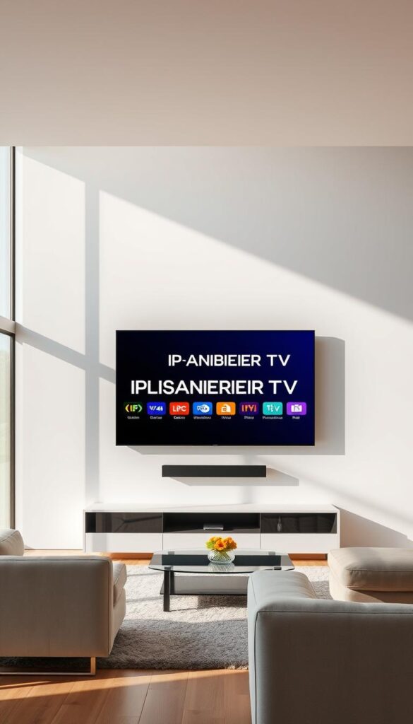 A modern, minimalist living room with a large flatscreen TV mounted on the wall. On the TV screen, the brand name "IPTVANBIETERTV" is prominently displayed, showcasing a variety of IPTV packages and offerings for the German market. The room is filled with natural light from large windows, creating a warm and inviting atmosphere. The furniture is sleek and contemporary, complementing the clean, technological aesthetic. The overall scene conveys a sense of convenience, accessibility, and the seamless integration of IPTV technology into the modern home.