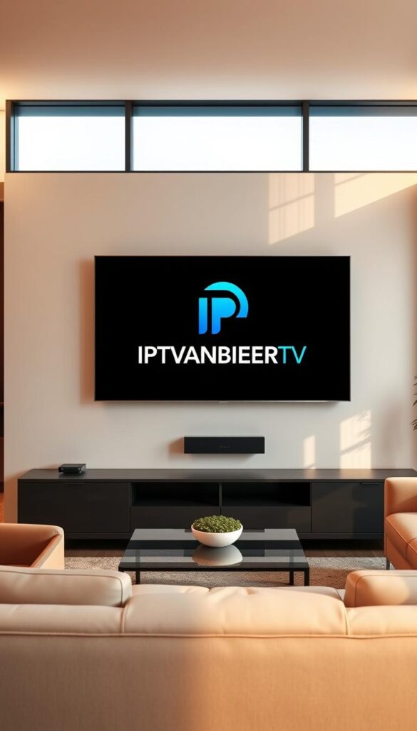 A modern, minimalist living room with a large flatscreen TV mounted on the wall. On the screen, the IPTVANBIETERTV logo is prominently displayed, showcasing a sleek and contemporary IPTV service offering. The room is bathed in warm, diffused lighting, creating a cozy and inviting atmosphere. The furniture is clean-lined and stylish, complementing the overall aesthetic. Through the window, a cityscape can be seen in the distance, hinting at the connectivity and accessibility of the IPTV service. The scene evokes a sense of technology-enhanced home entertainment, blending seamlessly with the decor.