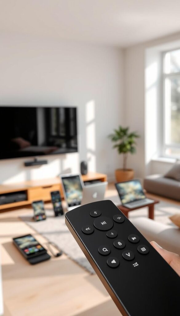A modern, minimalist living room with a large flatscreen TV mounted on the wall. The room is filled with natural light from a large window, creating a warm and inviting atmosphere. In the foreground, a sleek, black IPTVANBIETERTV remote control is prominently displayed, highlighting the flexible and multi-device capabilities of the IPTV service. The middle ground features a group of various smart devices, such as smartphones, tablets, and laptops, all connected and displaying the same content, demonstrating the "Mehrgeräte-Unterstützung" (multi-device support) feature. The background showcases a minimalist, Scandinavian-inspired interior design, with clean lines and neutral colors, complementing the modern and tech-savvy theme.