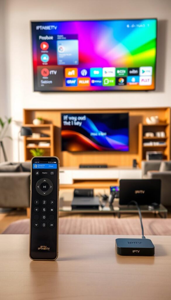 A modern, minimalist living room with a large flatscreen TV on the wall, displaying a vibrant, colorful IPTV interface. In the foreground, a sleek, high-end remote control and a smartphone or tablet, showcasing the IPTVANBIETERTV brand and its multi-device support. The room is bathed in warm, natural lighting, creating a cozy and inviting atmosphere. The middle ground features various digital devices such as a laptop, gaming console, and streaming box, all connected and seamlessly integrating with the IPTV service. The background incorporates hints of a home office or entertainment center, emphasizing the versatility and convenience of IPTV streaming on a variety of devices.
