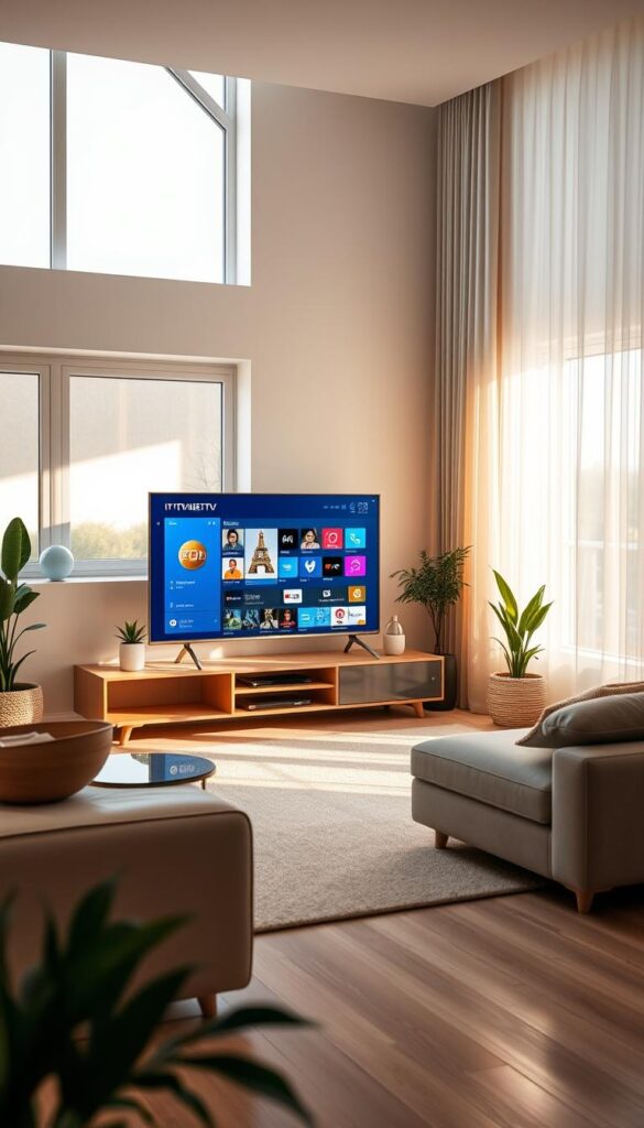 A modern, minimalist living room with a large, sleek smart TV displaying the intuitive IPTVANBIETERTV electronic program guide (EPG). The TV is situated on a contemporary, wooden media console, with minimalist decor and plants around it. Soft, warm lighting illuminates the scene, creating a cozy and inviting atmosphere. The room is bathed in natural light from large windows, casting a gentle glow over the space. The overall composition emphasizes the ease and simplicity of setting up IPTVANBIETERTV on the smart TV, reflecting the section title "Einfache Einrichtung auf allen Geräten".