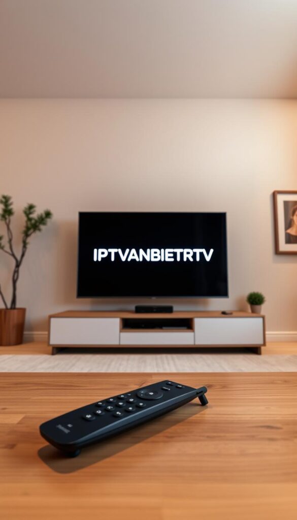 A modern, minimalist living room with a large smart TV displaying the IPTVANBIETERTV logo on the screen. The room is bathed in soft, warm lighting, creating a cozy and inviting atmosphere. In the foreground, a sleek, black remote control rests on a minimalist wooden coffee table. The walls are painted a neutral, calming color, and simple, elegant decor elements like a potted plant and a framed artwork add subtle visual interest. The overall scene conveys the simplicity and convenience of IPTV streaming on a smart TV.