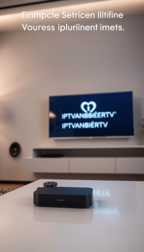 A modern, minimalist living room with a sleek, wall-mounted TV displaying the IPTVANBIETERTV brand logo. Soft, ambient lighting illuminates the space, creating a cozy and inviting atmosphere. The TV is surrounded by a clean, uncluttered design, emphasizing the simplicity of setting up the IPTV subscription. In the foreground, a smart remote control and a compact streaming device sit on a minimalist coffee table, hinting at the easy integration of the IPTV service. The background features muted, neutral tones, allowing the TV and technology to take center stage, reflecting the section title "Einfache Einrichtung Ihres IPTV-Abonnements".