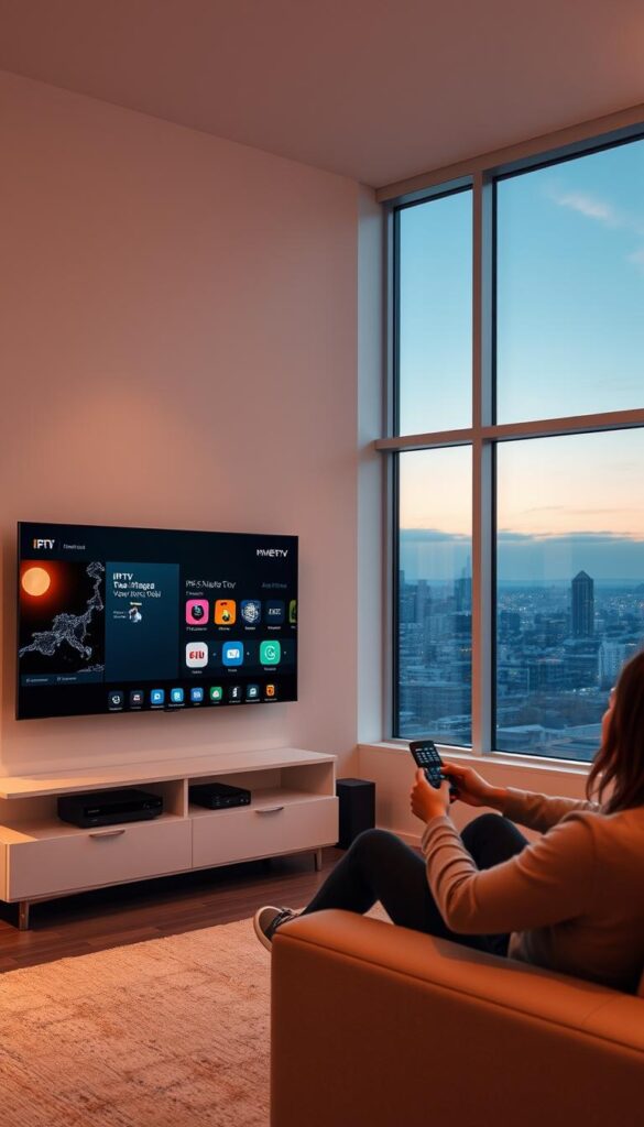 A modern, minimalist living room with large windows overlooking a city skyline at dusk. A sleek, 4K smart TV is mounted on the wall, with a cable box and IPTVANBIETERTV media device neatly arranged below. Warm, ambient lighting accentuates the clean, contemporary decor. A person is seated on a comfortable couch, using a remote control to navigate the IPTV interface on the screen, showcasing the ease of setup and use. The room exudes a sense of technological sophistication and relaxation.