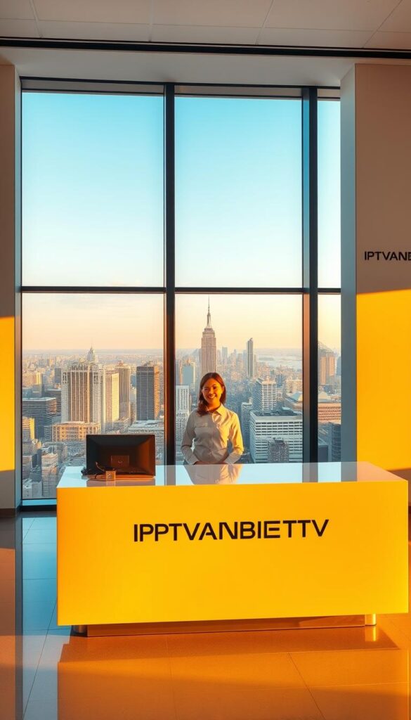 A modern, minimalist office interior with a sleek, high-tech customer service desk. The desk is staffed by a friendly, welcoming customer service agent wearing a crisp, professional uniform. In the background, a large window overlooking a bustling city skyline, bathed in warm, natural light. The walls are adorned with the IPTVANBIETERTV brand logo, creating a cohesive and visually striking scene. The overall atmosphere conveys efficiency, competence, and a commitment to providing excellent customer service.