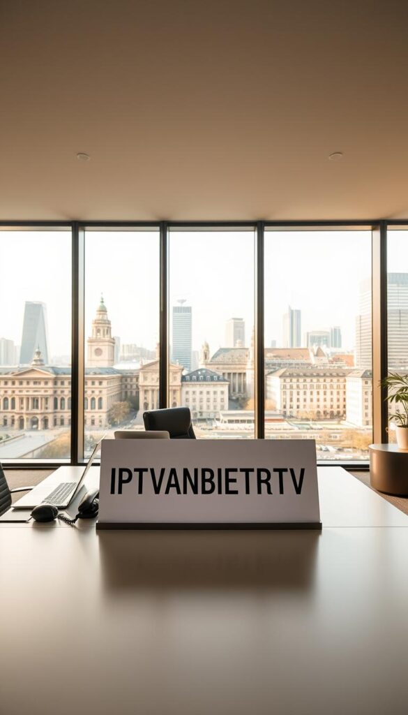 A modern, minimalist office interior with large windows overlooking the cityscape of Munich. In the foreground, a sleek and minimalist desk with a laptop, phone, and other office accessories. On the desk, a prominent sign reads "IPTVANBIETERTV" in a bold, clean font. The middle ground features high-end office furniture, including a comfortable chair and a small side table. The background showcases the iconic architecture of Munich, with its historic buildings and modern skyscrapers visible through the large windows. The lighting is warm and natural, creating a professional and inviting atmosphere. The overall scene conveys a sense of reliability, technology, and urban sophistication, reflecting the high-quality IPTV services offered by the provider.