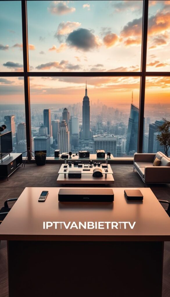 A modern, minimalist office interior with sleek furniture and large windows overlooking a vibrant city skyline. A stylish desk in the foreground features the IPTVANBIETERTV logo, emphasizing the monthly IPTV payment concept. The lighting is warm and ambient, creating a professional yet inviting atmosphere. In the middle ground, various digital devices and media accessories are neatly arranged, hinting at the advanced IPTV technology. The background depicts a panoramic view of the cityscape, symbolizing the wide reach and accessibility of the IPTV service. The overall composition conveys a sense of productivity, convenience, and the advantages of a monthly IPTV subscription.