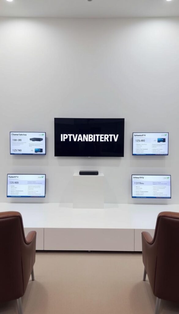 A modern, minimalist product comparison display showcasing various IPTV service providers. The scene features a clean, white background with a prominent center display showing the "IPTVANBIETERTV" brand name. Surrounding the central display are four smaller comparison panels, each highlighting key details like pricing, channel selection, and device compatibility. The overall lighting is soft and even, creating a professional, informative atmosphere. The camera is positioned at eye level, providing a clear, high-resolution view of the entire setup.