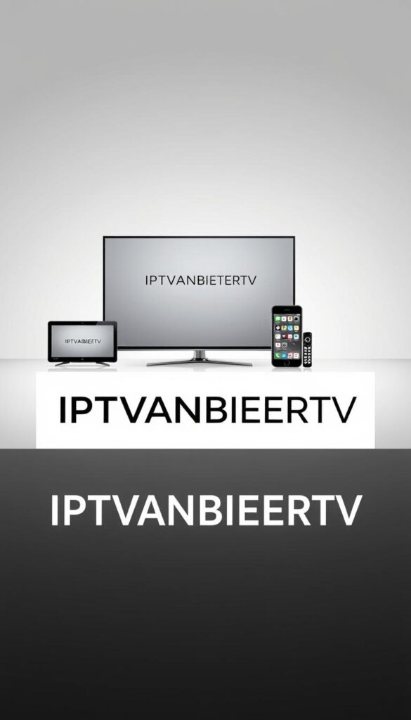 A modern, minimalist rendering of the IPTVANBIETERTV brand and service in a sleek, high-contrast visual style. In the foreground, a stylized logo design showcasing the company name in a clean, bold typeface. The middle ground features a series of elegant device mockups, such as a smart TV, smartphone, and tablet, all displaying the IPTVANBIETERTV user interface. The background is a subtle gradient, conveying a sense of technological sophistication. The overall image should convey a premium, trustworthy aesthetic suitable for the "best IPTV provider for Germans abroad" narrative.