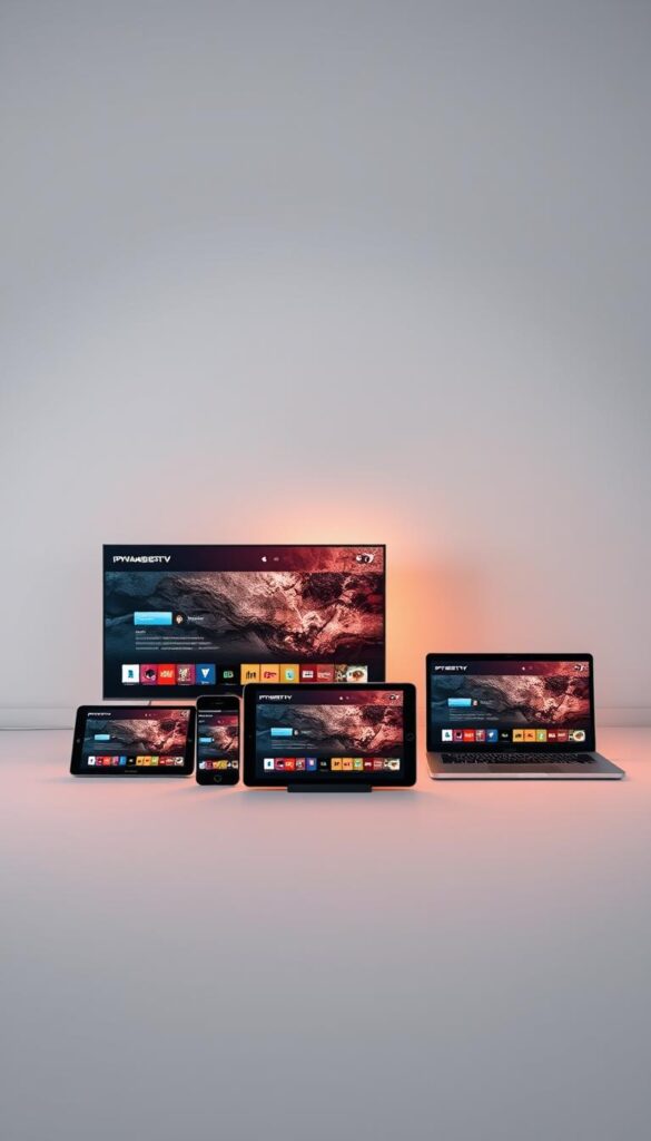 A modern, minimalist scene showcasing the seamless multidevice support of IPTVANBIETERTV. In the foreground, an array of sleek devices - a smart TV, a tablet, a smartphone, and a laptop - each displaying the IPTVANBIETERTV interface. The devices are arranged in an elegant, symmetric composition, bathed in warm, inviting lighting that creates a sense of harmony and connectivity. The middle ground features a clean, uncluttered background, with subtle textures and gradients that complement the devices. The overall atmosphere conveys the effortless, user-friendly experience of IPTVANBIETERTV's multidevice streaming capabilities.