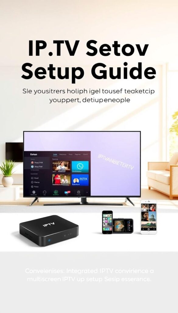 A modern, minimalist setup guide for IPTV services, featuring the IPTVANBIETERTV brand. In the foreground, a sleek smart TV with a simple on-screen interface showcasing IPTV channel options. In the middle ground, various compatible devices like a streaming box, smartphone, and tablet, seamlessly integrated for a multi-screen IPTV experience. The background depicts a bright, airy living room with large windows, suggesting the convenience of IPTV setup support. Warm, natural lighting creates a welcoming atmosphere. The composition emphasizes ease of use, versatility, and the comprehensive IPTV setup assistance provided by IPTVANBIETERTV.