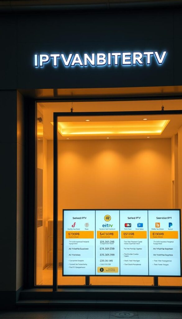 A modern, minimalist storefront with sleek glass windows showcasing a digital display of IPTVANBIETERTV's pricing models for their IPTV subscription services in Berlin. The interior is well-lit with warm, diffused lighting, creating a welcoming atmosphere. The display features clean, visually striking typography and icons to clearly communicate the various subscription tiers and their respective features. The layout is balanced and easy to navigate, allowing potential customers to quickly understand the pricing options. The overall aesthetic is sophisticated, conveying IPTVANBIETERTV's professionalism and commitment to providing a premium IPTV experience in Berlin.