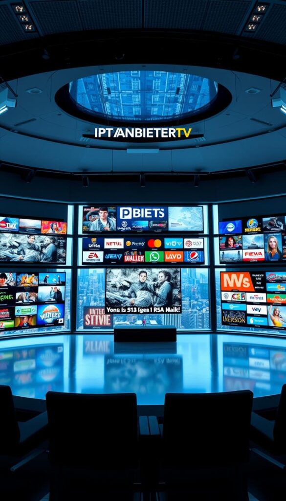 A modern, minimalist studio with large windows overlooking the city skyline. The walls are adorned with sleek, high-tech displays showcasing a diverse array of international television channels, under the bold brand name "IPTVANBIETERTV". The lighting is bright and directional, creating a sense of professionalism and sophistication. The camera angle is slightly elevated, providing a dynamic perspective that highlights the scale and grandeur of the setup. The overall atmosphere conveys a sense of global connectivity and cutting-edge technology, reflecting the needs of expats in Germany seeking a comprehensive IPTV solution.