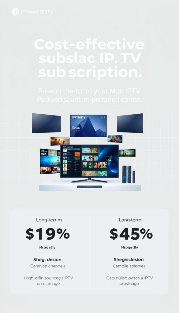 A modern, minimalist-style illustration depicting a cost-effective monthly IPTV subscription package from the IPTVANBIETERTV brand. The image showcases an array of high-definition channels and on-demand content, presented against a clean, pastel-colored background with subtle grid patterns. The layout emphasizes the long-term value proposition, with various pricing tiers and savings highlighted through simple, infographic-style elements. The overall mood is one of affordability, accessibility, and the convenience of a comprehensive IPTV service tailored for budget-conscious customers.