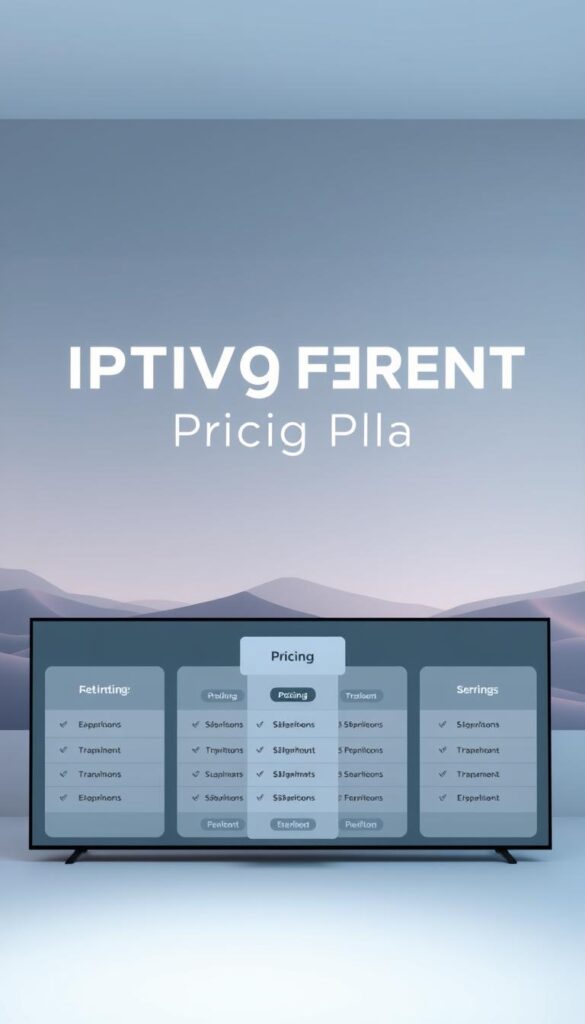 A modern, minimalist-style illustration showcasing transparent IPTV pricing plans from IPTVANBIETERTV. The foreground features a clean and uncluttered display of various pricing tiers, presented in a grid layout with clear icons and numerical values. The middle ground depicts a serene, hi-tech environment with subtle neon accents, conveying a sense of innovation and reliability. The background is a soft, gradient-based landscape, creating depth and a calming atmosphere. The overall composition is balanced, with ample negative space to draw the viewer's attention to the key pricing information. Lighting is soft and diffused, with a cool color palette that enhances the professional, trustworthy vibe. The angle is a slightly elevated perspective, giving the image an air of authority and credibility.