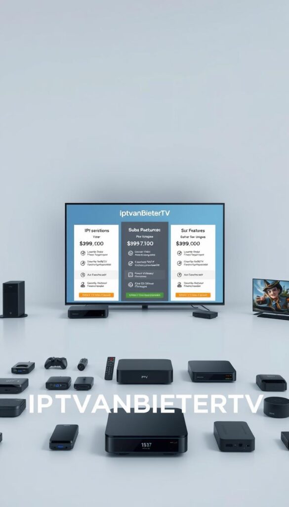 A modern, minimalist-style image depicting an array of affordable IPTV service packages and pricing options. The composition features a clean, uncluttered layout with a prominent display of the IPTVANBIETERTV brand name. In the foreground, an assortment of IPTV device icons and subscription plan details are artfully arranged, conveying the diverse offerings and cost-effective nature of the services. The middle ground showcases a sleek, high-contrast interface highlighting key features and package tiers. The background maintains a subtle, muted tone to direct focus to the primary content. Soft, diffused lighting and a cool color palette create a professional, trustworthy atmosphere suitable for an informative article on beginner-friendly IPTV providers in Germany.