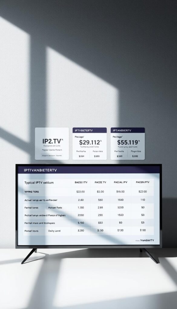 A modern, minimalist-style visual representation of the costs and subscription options for IPTV services in Germany. In the foreground, a sleek, high-contrast graphic displays the IPTVANBIETERTV brand logo alongside a breakdown of typical IPTV pricing tiers and package details. The middle ground features clean, well-organized data visualizations highlighting the comparative costs and feature sets of various IPTV plans. The background has a subtle textured gradient in muted shades of blue and gray, evoking a sense of professionalism and technology. Crisp lighting from the side casts shadows that add depth and dimensionality to the overall composition.