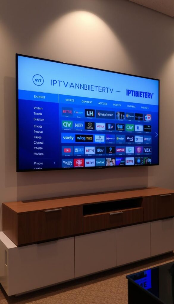 A modern, minimalist television interface displaying a sleek and expansive channel selection menu. The screen showcases the IPTVANBIETERTV brand prominently, with a clean and intuitive layout highlighting various content categories. Soft, muted lighting illuminates the scene, creating a calm and sophisticated atmosphere. The composition features a balanced blend of negative space and informative details, allowing the viewer to easily navigate the channel options. The overall aesthetic conveys a sense of high-quality, reliable IPTV service with an abundance of viewing choices.
