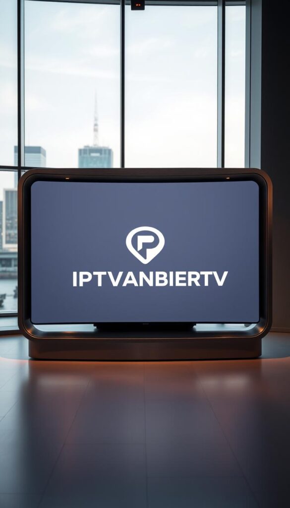 A modern, minimalist television studio with a sleek, sophisticated design. Soft, directional lighting illuminates the central "IPTVANBIETERTV" logo, which is prominently displayed on a large, curved LED screen. The screen is framed by a dark, brushed metal bezel, creating a sense of depth and high-end quality. In the background, a partially blurred cityscape is visible through large, floor-to-ceiling windows, adding depth and a sense of urban connectivity. The overall atmosphere is one of technological prowess, professionalism, and a commitment to delivering a premium viewing experience.