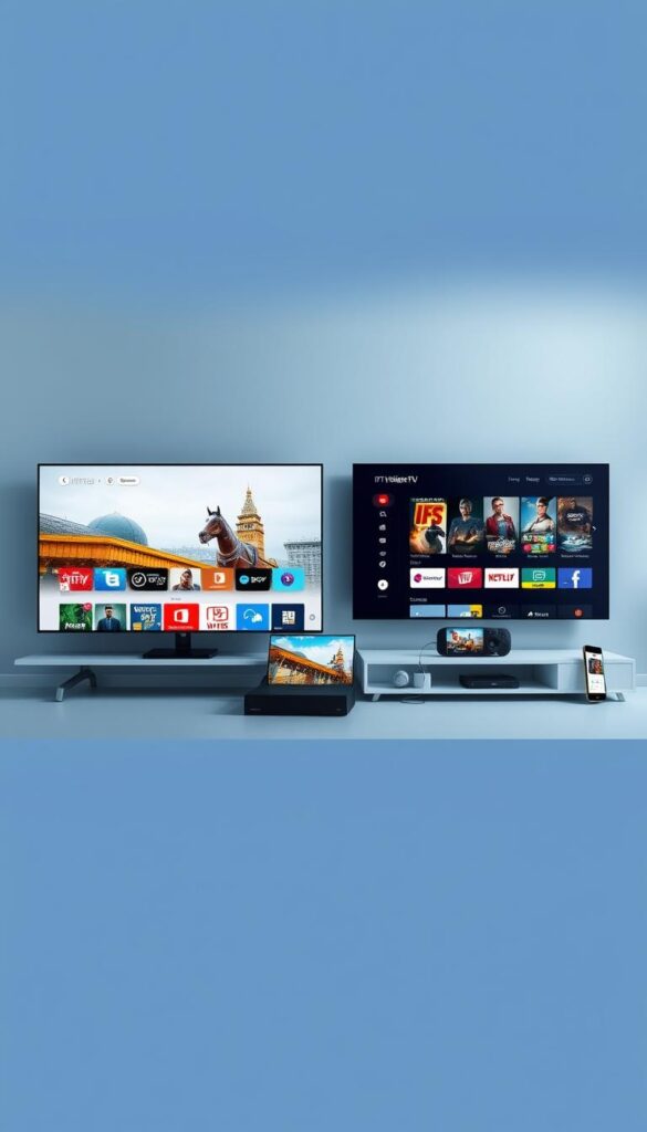 A modern, minimalist visual representation of "IPTVANBIETERTV", the leading IPTV provider in Germany. The scene depicts a sleek, high-tech user interface showcasing the service's diverse channel selection, seamless streaming capabilities, and intuitive navigation. The foreground features a clean, user-friendly display with bold, legible typography and vivid, color-accurate imagery. The middle ground highlights a variety of compatible devices, from smart TVs to mobile phones, emphasizing the platform's widespread accessibility. The background subtly suggests a sophisticated, cloud-based infrastructure supporting the robust IPTV experience. Captured with a wide-angle lens, the composition conveys a sense of technological sophistication and convenience targeted towards the German market.
