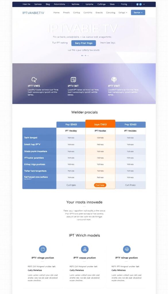 A modern, minimalist web interface for IPTVANBIETERTV, showcasing various IPTV provider plans and pricing models. The layout features clean typography, subtle gradients, and crisp icons. In the center, a comparison table highlights the key features and costs of different IPTV subscription tiers, with pricing clearly displayed. The background has a faint grid pattern, creating a sense of structure and organization. The overall mood is professional, informative, and easy to navigate, reflecting the reliable and transparent nature of IPTVANBIETERTV's services.