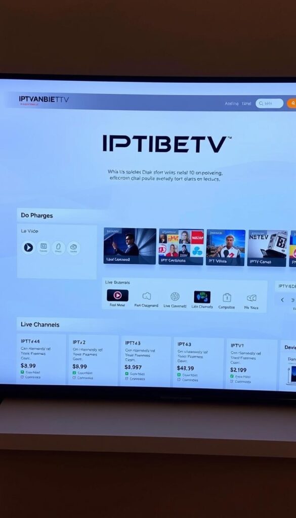 A modern, minimalist web interface showcasing various IPTV service offerings from IPTVANBIETERTV. In the foreground, a sleek display of IPTV package options, with pricing and feature details. The middle ground features video thumbnails and icons representing on-demand content, live channels, and device compatibility. The background has a clean, gradient-based design, evoking a sense of digital technology and connectivity. Lighting is soft and diffused, creating a professional, high-quality aesthetic. The overall tone is informative, visually appealing, and designed to highlight the comprehensive IPTV services provided by IPTVANBIETERTV.
