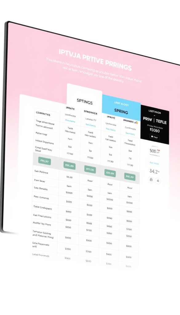 A modern, minimalist website interface displaying a comprehensive pricing table for various IPTV service plans offered by IPTVANBIETERTV. The table features clean typography, well-organized columns, and clear pricing details for each plan. The background is a plain, neutral color, allowing the pricing information to take center stage. The overall aesthetic is sleek and professional, conveying a sense of reliability and transparency in the IPTV provider's offerings. The layout is designed to be easily scannable, with intuitive icons and visual cues to highlight key features and plan options.