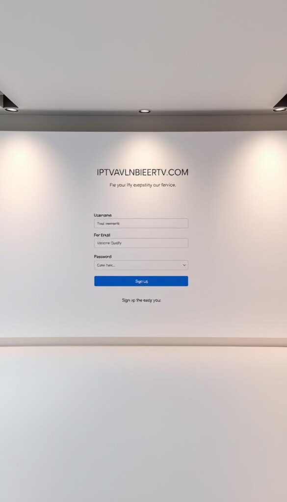 A modern, minimalist website interface with clean typography and intuitive navigation. The registration page for IPTVANBIETERTV.com features a centered form with fields for username, email, and password. The layout is balanced, with subtle accent colors and a sleek, professional aesthetic. Soft, directional lighting casts a warm glow across the scene, creating depth and dimension. The overall mood is welcoming and user-friendly, inviting the viewer to easily sign up for the IPTV service.