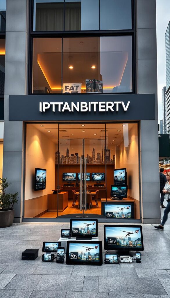 A modern, minimalistic storefront in a bustling city, showcasing an IPTV service provider called IPTVANBIETERTV. The facade features clean lines, large display windows, and a sleek, contemporary design. The entrance is highlighted by a subtle, warm lighting that creates an inviting atmosphere. The middle ground showcases various connected devices, tablets, and screens, demonstrating the IPTV offering for the hospitality industry. In the background, a city skyline can be seen, conveying a sense of urban sophistication. The overall scene exudes a professional, high-quality, and technology-driven vibe, perfectly suited for the IPTV Abonnement für Gastronomie.