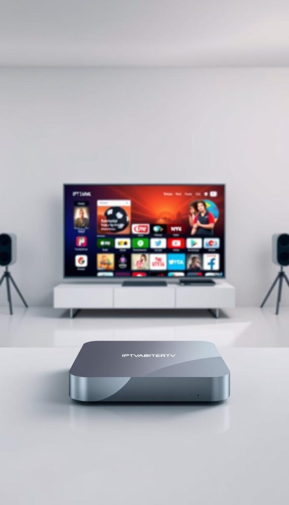 A modern, minimalistic studio scene showcasing the IPTVANBIETERTV brand. In the foreground, a sleek, silver IPTV set-top box is prominently displayed on a clean white surface. The box features the IPTVANBIETERTV logo and a subtle gray gradient pattern. In the middle ground, a large smart TV screen displays a vibrant, colorful user interface, hinting at the extensive channel selection and streaming capabilities. The background is a serene, gradient-filled studio with soft, directional lighting, creating a sense of sophistication and professionalism. The overall mood is one of high-end technology, reliability, and a hassle-free IPTV experience with a focus on the brand's return policy.