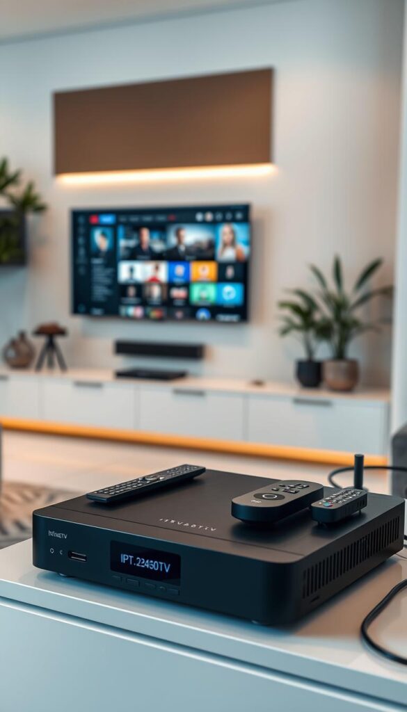 A modern, neatly-organized home entertainment setup showcasing an IPTVANBIETERTV installation. In the foreground, a sleek, minimalist media console houses a state-of-the-art IPTV set-top box, remote controls, and other streaming devices. The middle ground features a large, high-definition television mounted on the wall, displaying a vibrant, crystal-clear interface. In the background, subtle ambient lighting and carefully curated decor create a welcoming, tech-savvy atmosphere. The entire scene is captured through a wide-angle lens, emphasizing the seamless integration of IPTV technology into the living space.