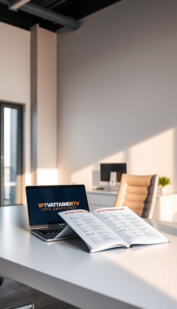 A modern office interior with a large desk, a desktop computer, and a comfortable office chair. On the desk, a laptop displaying the IPTVANBIETERTV brand logo and an open document showcasing various IPTV service plans. Soft, natural lighting streams in through large windows, casting a warm glow over the scene. The background features a minimalist, clean design with neutral tones, creating a professional and trustworthy atmosphere. The overall composition conveys a sense of reliability, security, and attention to detail in the IPTV service provider's offerings.