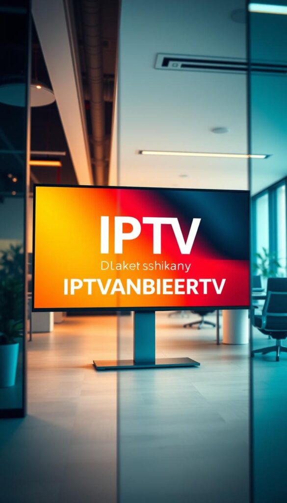 A modern office interior with a large digital display showcasing the IPTVANBIETERTV brand. The display features a sleek, minimalist design with a crisp, high-resolution image of the German national flag and the text "IPTV Anbieter Deutschland" displayed prominently. The office is bathed in warm, diffused lighting, creating a professional and inviting atmosphere. The camera angle is slightly elevated, giving a sense of authority and importance to the brand. The background features subtle, blurred office elements such as desks, chairs, and potted plants, keeping the focus on the central display. The overall impression is one of a leading, trustworthy IPTV provider serving the German market.
