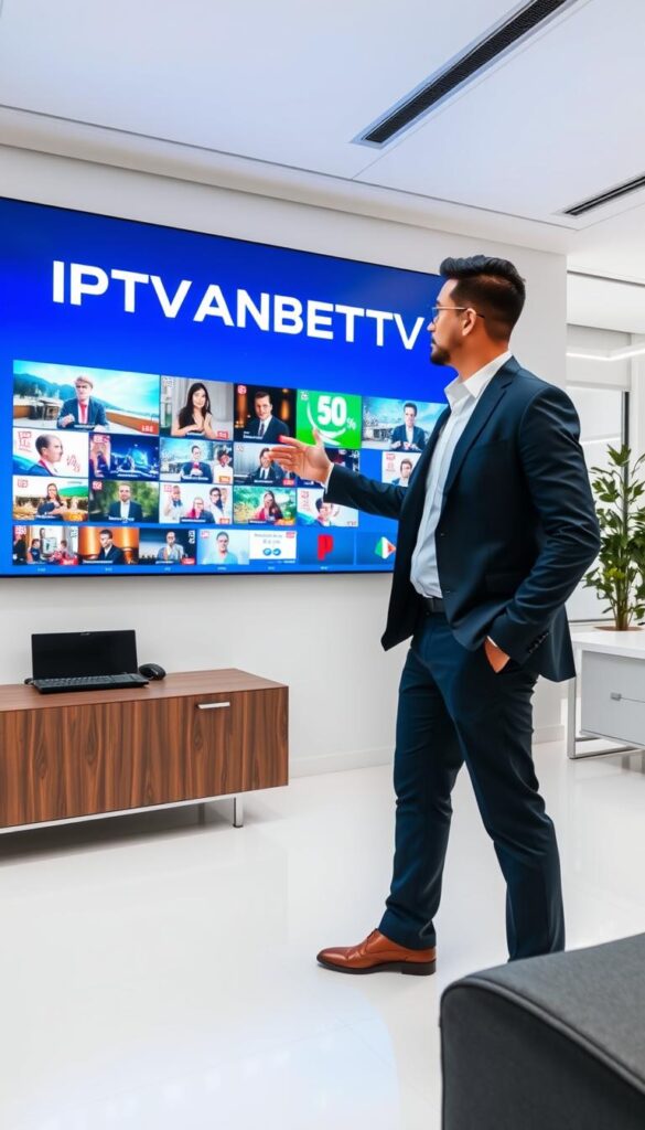 A modern office interior with a large flatscreen display showcasing the IPTVANBIETERTV brand and services. The display shows a variety of content playing simultaneously, highlighting the multi-screen capabilities. In the foreground, a well-dressed professional is interacting with the display, demonstrating the user-friendly interface. The lighting is bright and clean, creating a sleek, high-tech atmosphere. The background features minimalist furniture and decor, keeping the focus on the central display and brand. The overall scene conveys a sense of efficiency, technology, and the premium quality of the IPTVANBIETERTV service.