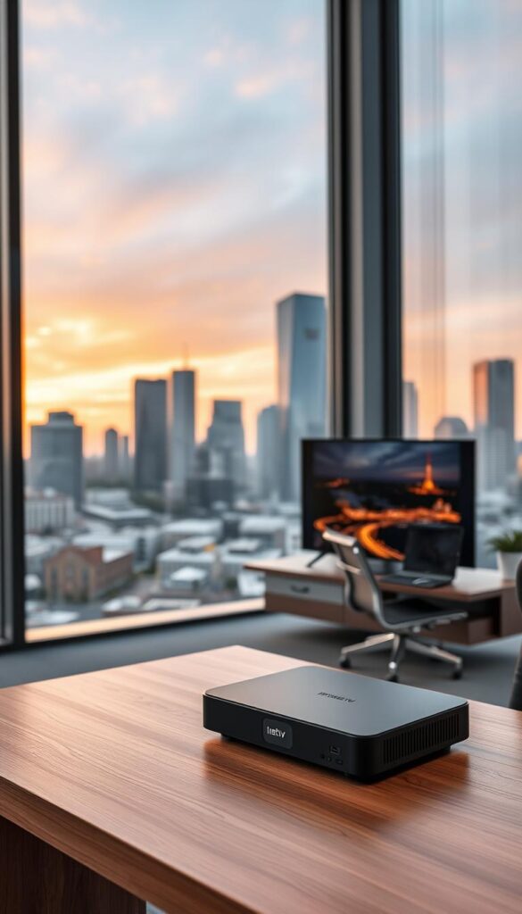 A modern office interior with floor-to-ceiling windows overlooking the Frankfurt skyline. In the foreground, a sleek IPTVANBIETERTV device sits on a minimalist wooden desk, its clean lines and muted colors complementing the minimalist aesthetic. Behind it, a large 4K flat-screen TV displays a vivid, high-quality image, showcasing the superior streaming quality of the IPTV service. The middle ground features a comfortable office chair and a laptop, suggesting a productive workspace. The background is filled with the iconic skyscrapers of Frankfurt, bathed in warm, golden evening light, creating a sense of urban sophistication. The overall scene conveys the reliability, cutting-edge technology, and seamless user experience of IPTVANBIETERTV, the best IPTV provider in Frankfurt.
