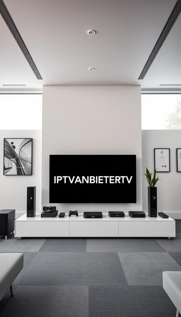A modern office interior with sleek, minimalist design. Large windows flood the space with natural light, creating a bright and airy atmosphere. In the center, a prominent display showcases the brand name "IPTVANBIETERTV" in a clean, bold typeface. The display is flanked by neatly arranged devices and accessories, hinting at the company's range of IPTV services. The walls are adorned with abstract artwork and framed certificates, conveying a sense of professionalism and expertise. The overall mood is one of sophistication, innovation, and trustworthiness, reflecting the leading position of IPTVANBIETERTV as a legal IPTV provider in Germany.