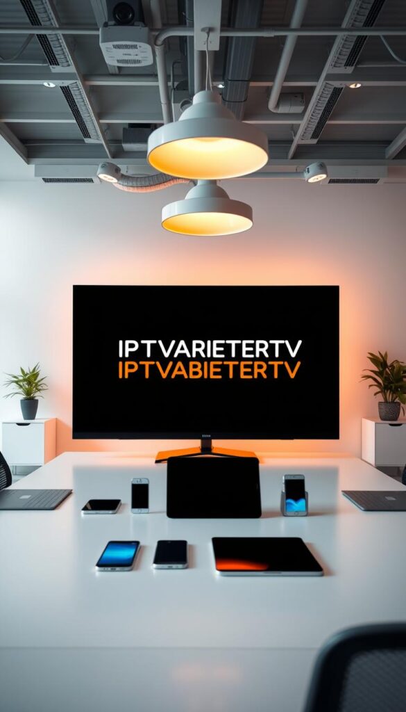 A modern office workspace with a sleek and minimalist design. In the foreground, a large high-resolution display showcases the IPTVANBIETERTV brand logo, illuminated by warm overhead lighting. In the middle ground, multiple devices such as smartphones, tablets, and laptops are neatly arranged, symbolizing the "Mehrgeräte-Unterstützung" (multi-device support) feature. The background features clean white walls and simple, geometric furniture, creating a professional and organized atmosphere. The scene is captured with a wide-angle lens to emphasize the sense of depth and scale, evoking a sense of technological advancement and user-friendly convenience.