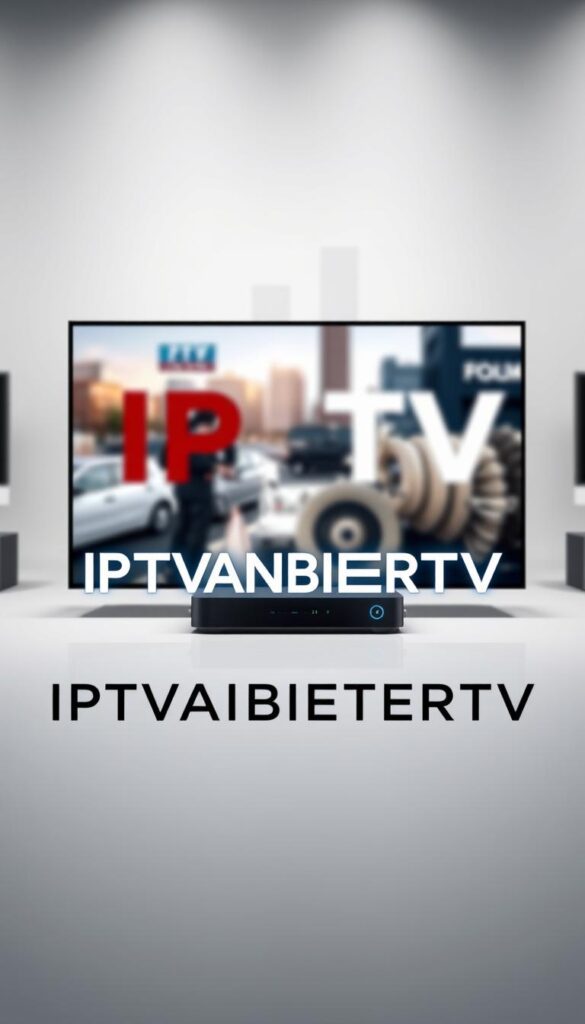 A modern, professional-looking illustration of the leading IPTV provider in Germany, IPTVANBIETERTV. The image showcases the company's high-quality service, featuring a sleek, minimalist design with a strong focus on the brand's visual identity. The foreground depicts the IPTVANBIETERTV logo prominently displayed, rendered in a clean, bold typeface. The middle ground presents a detailed, realistic 3D rendering of a contemporary smart TV or streaming device, showcasing the provider's cutting-edge technology. The background features a soft, blurred cityscape, hinting at the wide coverage and national reach of IPTVANBIETERTV's services. The overall tone is one of sophistication, reliability, and technological innovation, reflecting the company's position as a leading IPTV provider in Germany.