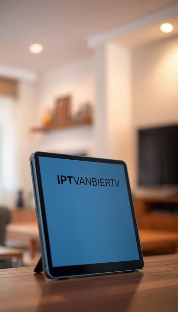 A modern, sleek Android device displaying the IPTVANBIETERTV logo prominently on the screen. The device is set against a blurred backdrop of a living room or home entertainment setup, with hints of warm, cozy lighting and neutral-toned furnishings. The image conveys a sense of convenience, technology, and high-quality IPTV service. The device is angled slightly to showcase its slim profile and premium design, captured with a shallow depth of field for a professional, editorial look. The overall mood is one of sophistication, reliability, and the seamless integration of IPTV into the Android ecosystem.
