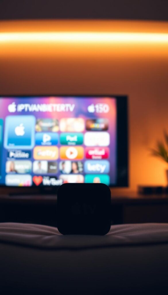 A modern, sleek Apple TV device prominently displayed, showcasing the IPTVANBIETERTV brand and its premium IPTV service. The TV screen displays a vibrant, high-definition interface with a clean, intuitive layout, highlighting the seamless integration between the IPTV service and the Apple TV platform. The composition features warm, indirect lighting, creating a cozy and inviting atmosphere, emphasizing the ease of use and exceptional viewing experience. The scene evokes a sense of technological sophistication and the convenience of accessing a vast library of live TV channels and on-demand content through a trusted IPTV provider on the Apple TV platform.