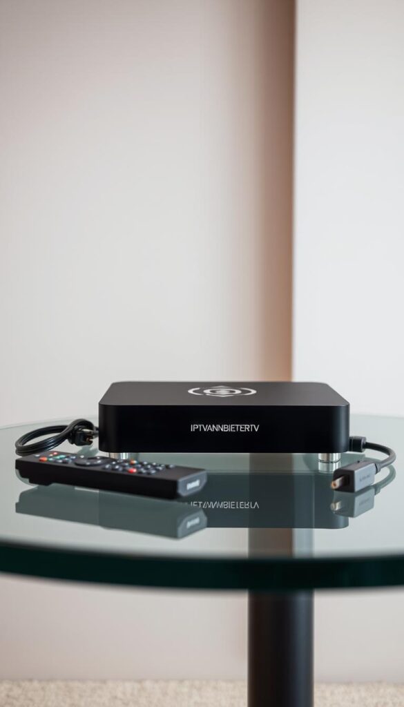 A modern, sleek IPTV box resting on a minimalist glass table, its clean lines and matte black finish reflecting the modern, sophisticated styling. The box is surrounded by a few remote controls and cable accessories, all arranged in a visually pleasing composition. Soft, indirect lighting illuminates the scene, creating a warm, inviting atmosphere. In the background, a simple, neutral-toned wall provides a clean, uncluttered backdrop, allowing the IPTV box to take center stage. The IPTVANBIETERTV logo is prominently displayed on the front of the device, conveying the high-quality, reliable nature of the product.