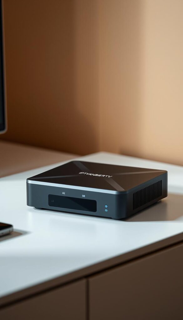 A modern, sleek IPTV box standing prominently on a minimalist desk, its clean lines and matte black finish reflecting the sophisticated design aesthetic of the IPTVANBIETERTV brand. The box is captured in a high-angle shot, illuminated by soft, diffused lighting that casts subtle shadows, emphasizing its premium build quality. The scene is set against a blurred, warm-toned background, creating a sense of depth and focus on the device. The overall mood is one of understated elegance and technological refinement, reflecting the reliable and user-friendly nature of the IPTVANBIETERTV service.