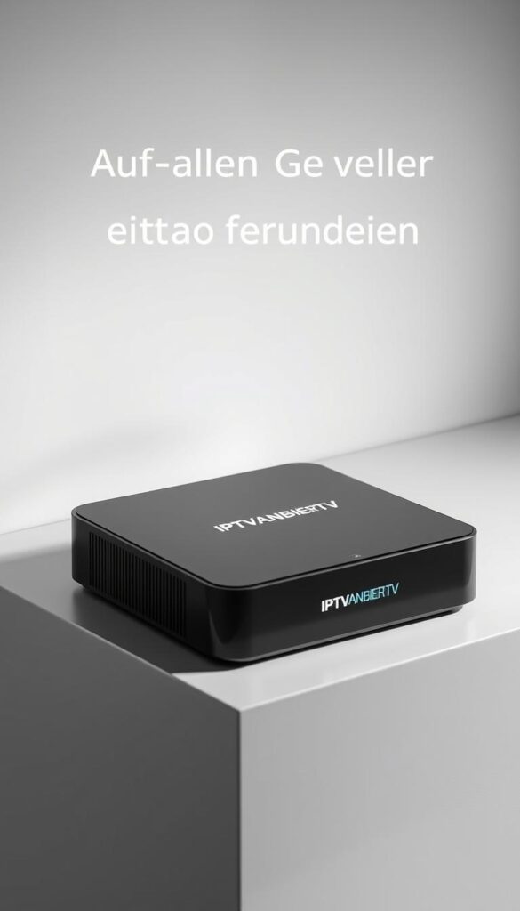 A modern, sleek IPTV box with a minimalist design, placed on a clean, white surface. The device features the brand name "IPTVANBIETERTV" prominently displayed on the front panel. Soft, diffused lighting illuminates the box, creating a sense of depth and highlighting its clean lines. The background is a simple, neutral color, allowing the IPTV box to be the focal point. The angle is slightly angled, providing a dynamic and engaging perspective. The overall mood is one of sophistication, technology, and versatility, fitting the description of "Multi-Device Support - Auf allen Geräten gleichzeitig fernsehen".