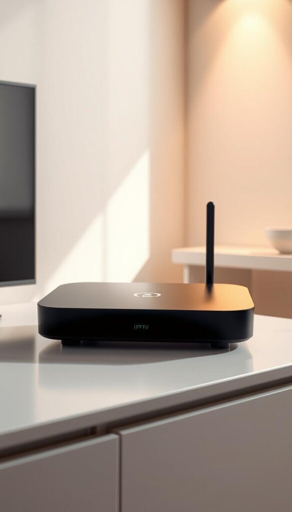 A modern, sleek IPTV device showcased in a high-tech, minimalist setting. The device stands prominently on a minimalist desk, its clean lines and glossy finish catching the eye. The background features a soft, neutral palette, with subtle geometric patterns adding visual interest. Warm, directional lighting illuminates the device, casting gentle shadows and highlighting its premium aesthetics. The overall composition conveys a sense of sophistication and technological prowess, perfectly suited to represent the IPTVANBIETERTV brand and its multidevice support capabilities.