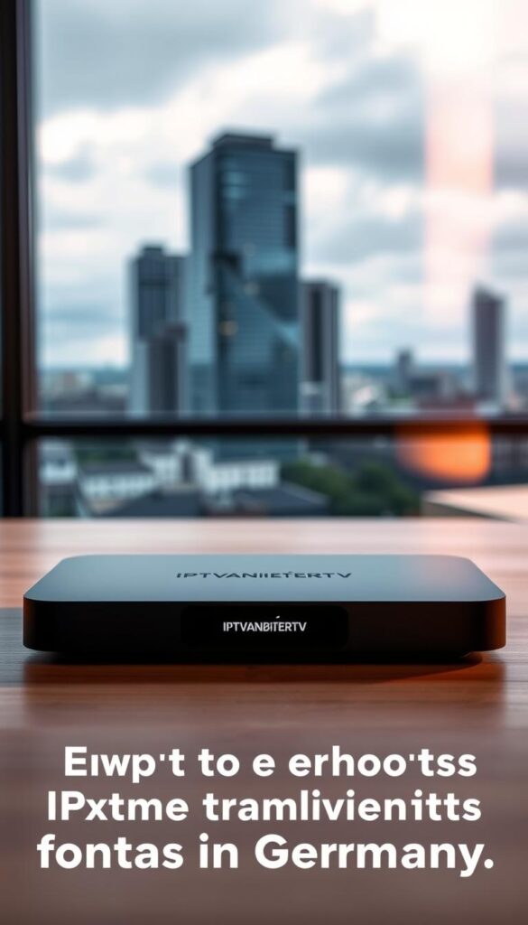 A modern, sleek IPTV device with a minimalist design, displaying the brand "IPTVANBIETERTV" prominently. The device is situated on a minimalist wooden surface, bathed in warm, soft lighting that creates a cozy, inviting atmosphere. In the background, a blurred cityscape of high-rise buildings and a cloudy sky, suggesting the device's capability to connect expats to their home country's entertainment. The overall composition conveys the convenience and benefits of an IPTV subscription for expats living in Germany.