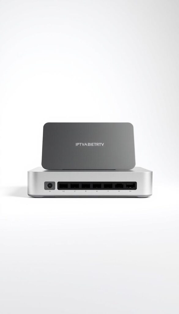 A modern, sleek IPTV device with a minimalist design, positioned against a clean, neutral backdrop. The device is prominently displayed, showcasing its various ports and connections. The lighting is soft and even, highlighting the device's materials and textures. The composition emphasizes the device's compatibility, conveying a sense of versatility and ease of use. In the background, a subtle gradient or pattern suggests the digital realm of IPTV, with a hint of the IPTVANBIETERTV brand identity integrated seamlessly.