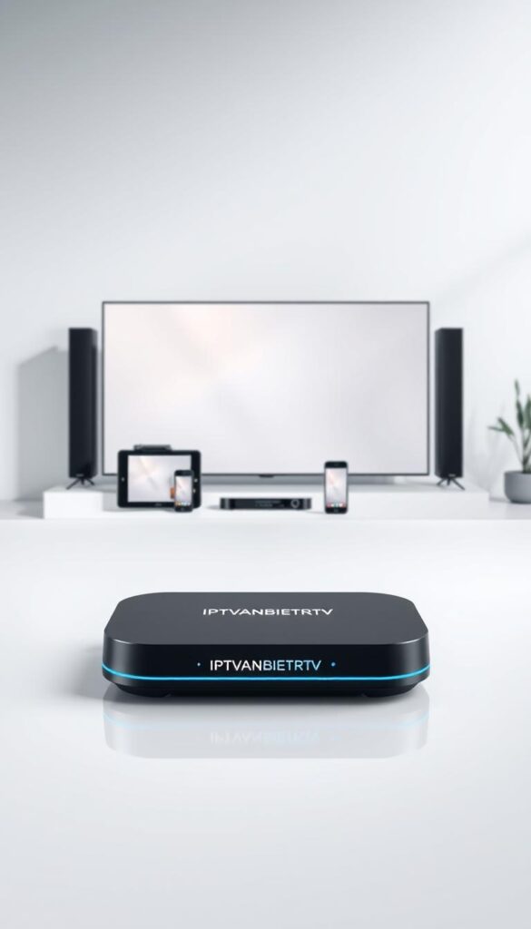 A modern, sleek IPTV device with a minimalist design, showcasing the IPTVANBIETERTV brand prominently in the foreground. The device is displayed from multiple angles, highlighting its multi-device compatibility with smartphones, tablets, and smart TVs in the middle ground. The background features a minimalist, light-filled studio setting with soft, natural lighting, conveying a sense of simplicity and versatility. The overall scene should evoke a premium, high-quality user experience with IPTVANBIETERTV's IPTV solution.