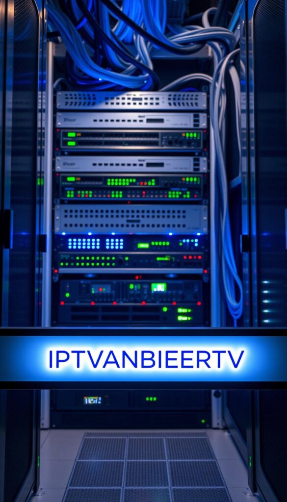 A modern, sleek IPTV infrastructure with dynamic connectivity and data flow. A server rack in a data center, filled with high-performance networking equipment like switches, routers, and media servers. Glowing blue and green status lights, conveying a sense of technological sophistication. In the foreground, the IPTVANBIETERTV brand name prominently displayed on a minimalist, backlit panel. The overall scene evokes a professional, cutting-edge IPTV service provider, ready to deliver seamless multimedia experiences.